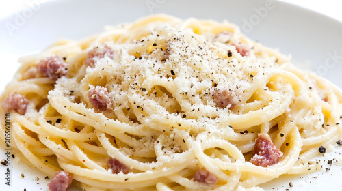 Plate of spaghetti carbonara with grated Parmesan and pepper water color, isolated on white background