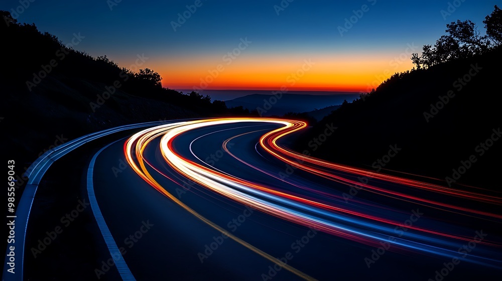 Naklejka premium Evening view of the road with fast moving object with continues light ray stretched over the road