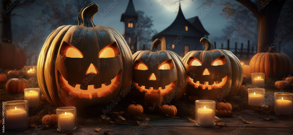 Fototapeta premium tema halloween. con zucche a forma di testa e candele