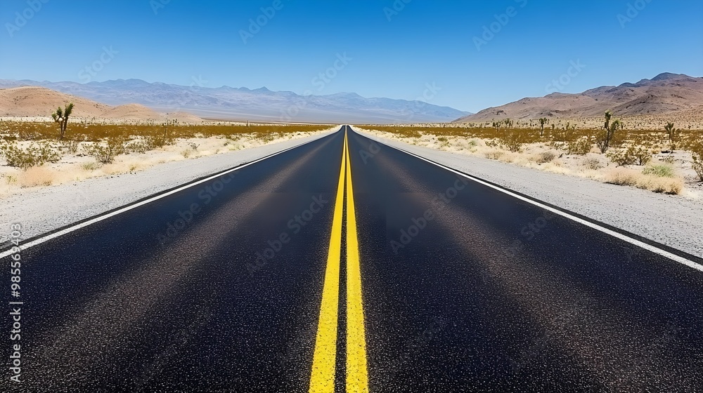 Naklejka premium A vast, open road stretching into the distance, surrounded by arid landscape under a clear blue sky. Ideal for travel themes.