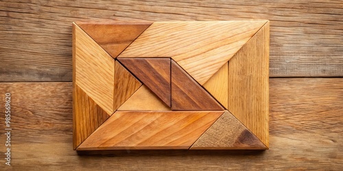 Tangram puzzle in square shape with one triangle piece on wooden board