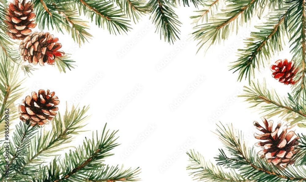A white background with pine trees and pine cones A white background with pine trees and pine cones