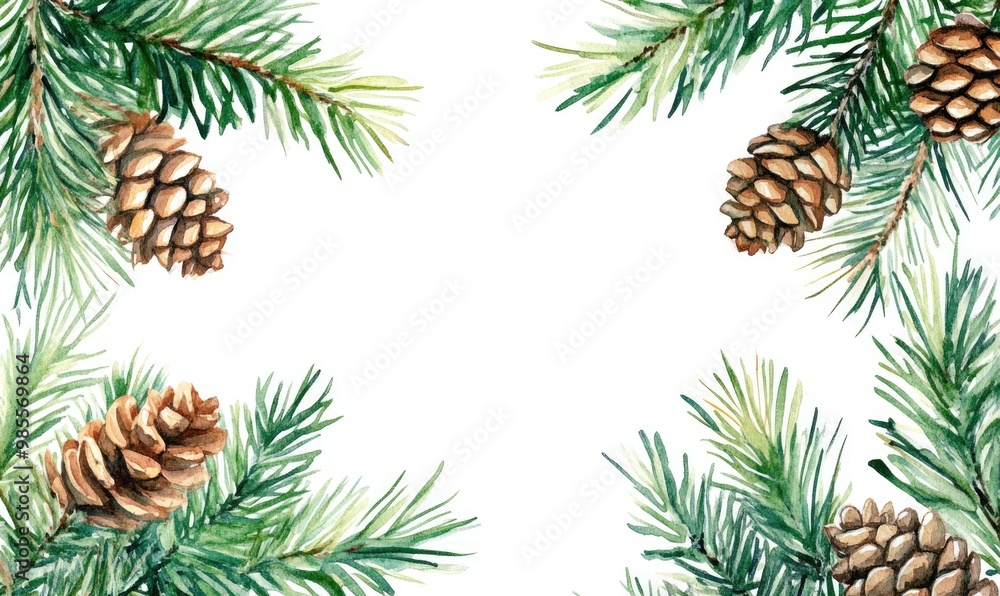 Fototapeta premium A watercolor painting of pine trees with pine cones in the foreground