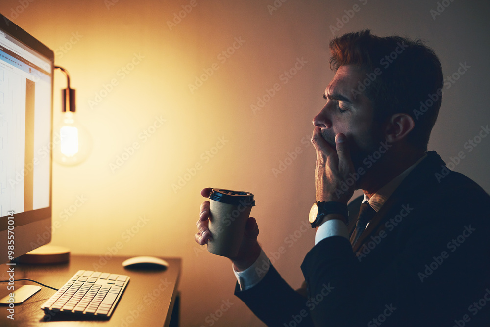 Tired, businessman and night with coffee or yawn for burnout, overworked or deadline at office. Exhausted, man or employee working late with caffeine in fatigue for overtime, pressure or workaholic Tired, businessman and night with coffee or yawn for burnout, overworked or deadline at office. Exhausted, man or employee working late with caffeine in fatigue for overtime, pressure or workaholic