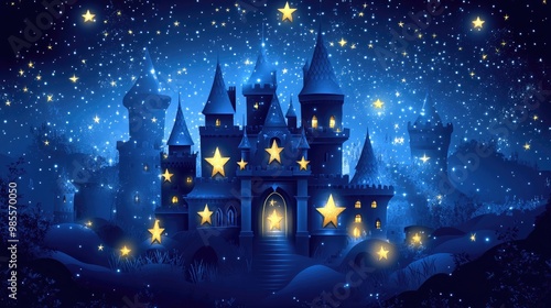 A starry night sky over a pastel navy and silver castle, with glowing star-shaped windows and lanterns casting a soft glow, surrounded by delicate stars, vector art