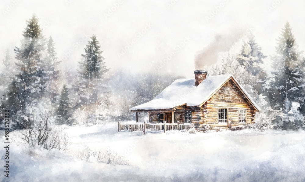 A cabin in the woods with a chimney and a snow covered landscape A cabin in the woods with a chimney and a snow covered landscape