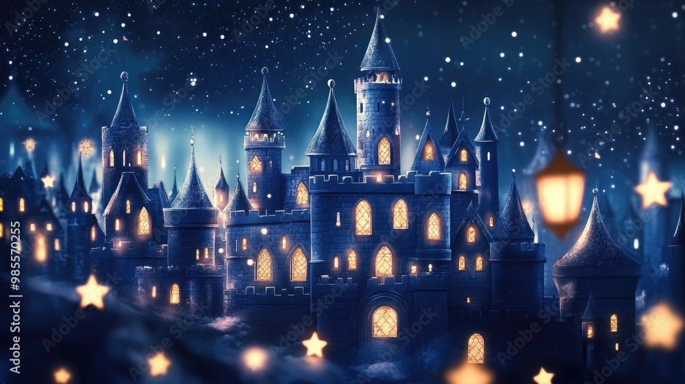 Elegant pastel navy and silver castle with soft glowing star-shaped windows, under a starry sky, with lanterns casting a gentle glow, vector art Elegant pastel navy and silver castle with soft glowing star-shaped windows, under a starry sky, with lanterns casting a gentle glow, vector art