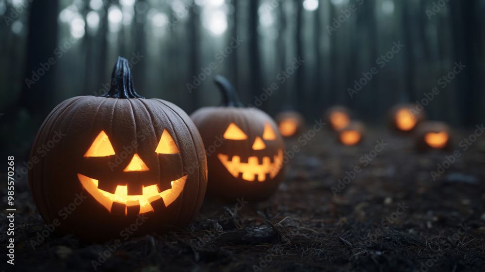 Spooky scene featuring glowing jack-o'-lanterns in a dark forest, perfect for capturing the eerie atmosphere of Halloween. Spooky scene featuring glowing jack-o'-lanterns in a dark forest, perfect for capturing the eerie atmosphere of Halloween.