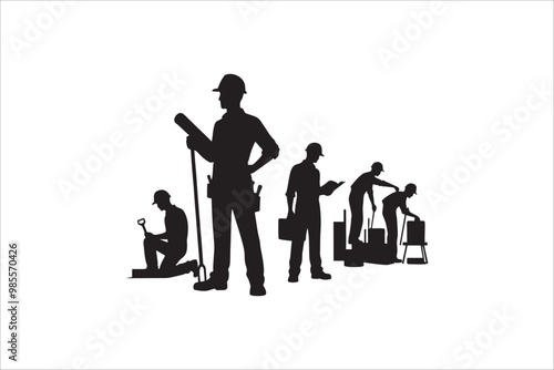 Set of construction worker silhouette illustration. Men doing outdoor activity. Construction worker pose wearing safety helmet. vector illustration.