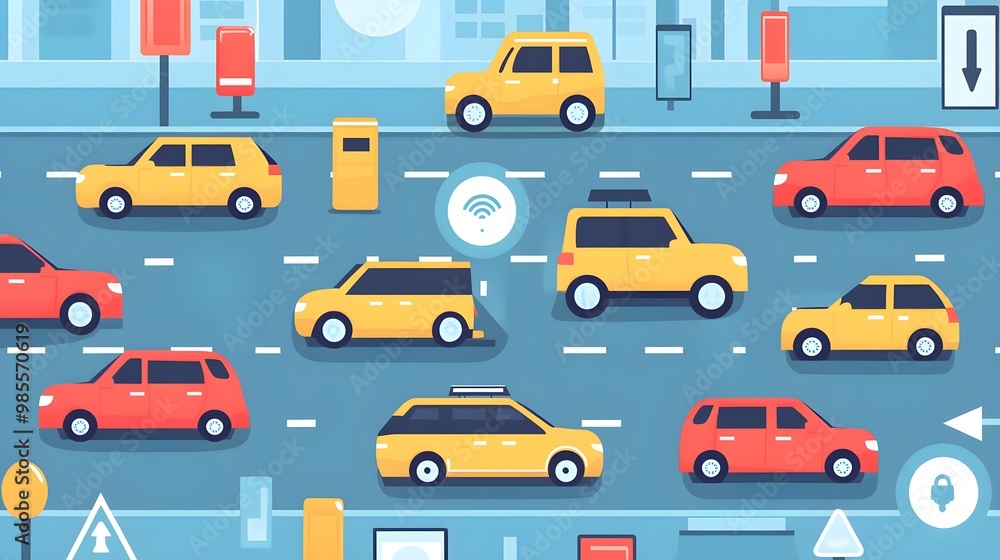Colorful traffic scene with various cars. Colorful traffic scene with various cars.