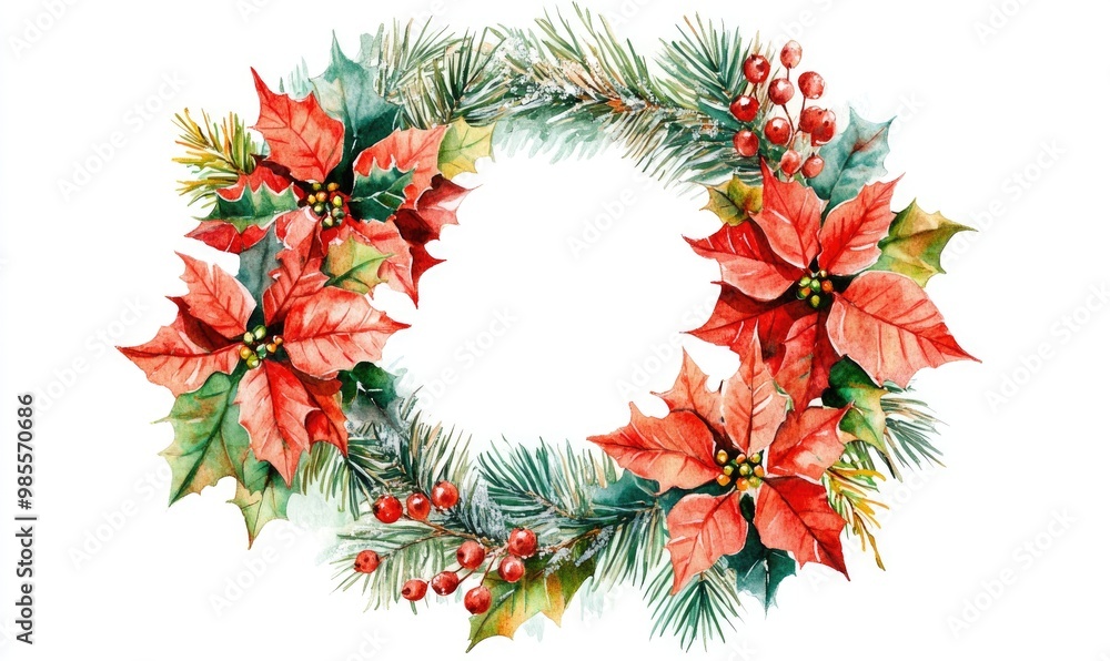 A wreath of red poinsettias and pine needles A wreath of red poinsettias and pine needles