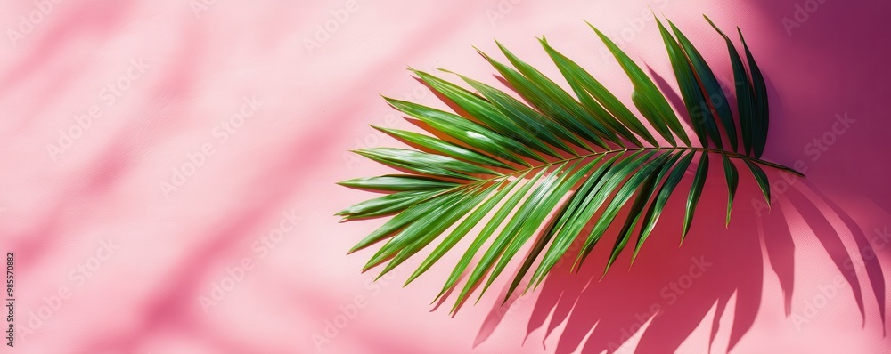 Single palm frond casting shadow on a pastel pink surface in bright sunlight, minimalist botanical art Single palm frond casting shadow on a pastel pink surface in bright sunlight, minimalist botanical art