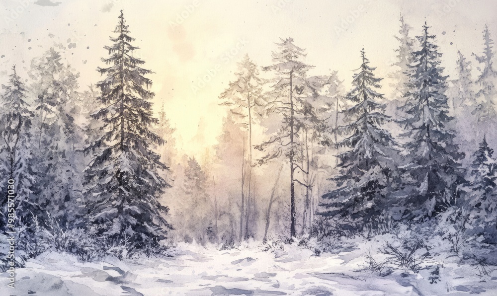 Fototapeta premium A painting of a snowy forest with trees and a sun in the background
