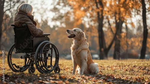 A service dog helping a wheelchair user retrieve a dropped object in a park demonstrating the practical assistance the dog offers for daily tasks Stock Photo with copy space photo