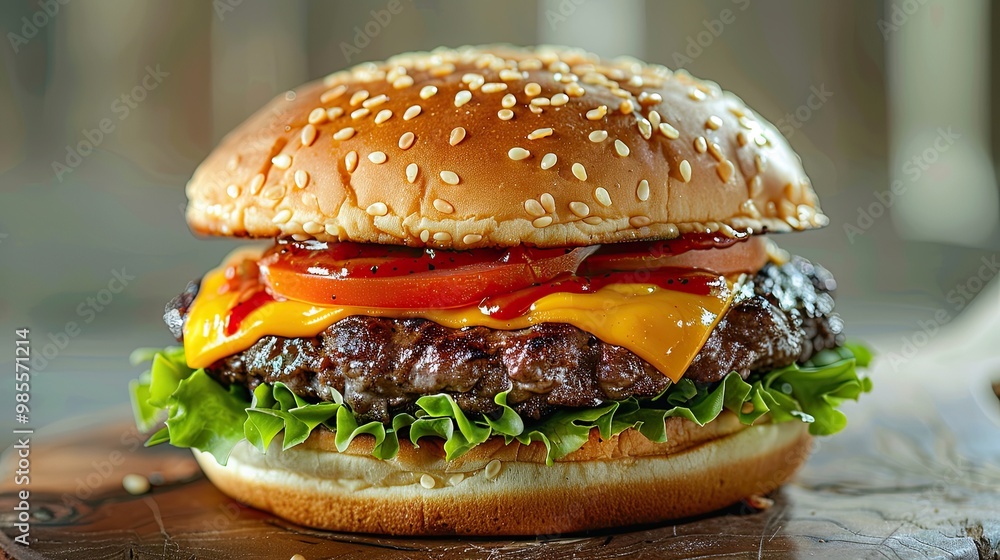 A close-up of a freshly made cheeseburger with a juicy beef patty, lettuce, tomato, red onion, and ketchup, served in a sesame seed bun.
A close-up of a freshly made cheeseburger with a juicy beef patty, lettuce, tomato, red onion, and ketchup, served in a sesame seed bun.