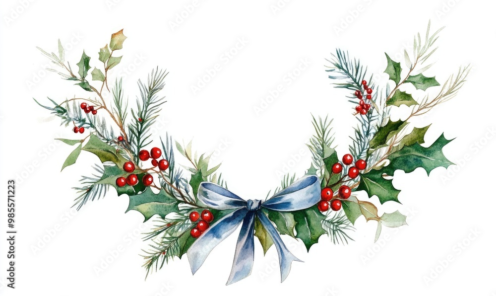 A blue ribbon is tied around a wreath of evergreen branches and berries A blue ribbon is tied around a wreath of evergreen branches and berries