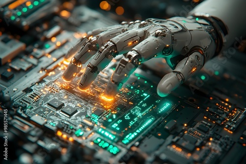 a humanoid robot carefully assembling or repairing a glowing, complex circuit board. robot engineer repairing a circuit board, automation and future technology, cybernetic maintenance and repair