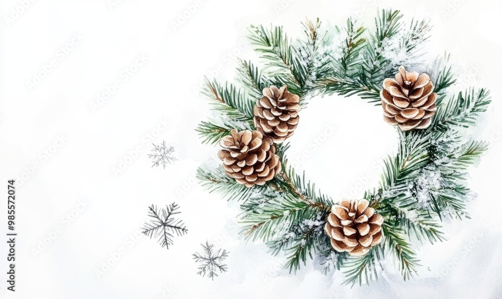A wreath of pine cones with snowflakes in the background A wreath of pine cones with snowflakes in the background