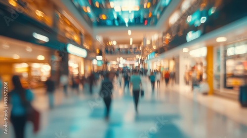 Abstract blurred photo of many people shopping inside department store or modern shopping mall. Urban lifestyle and black friday shopping concept