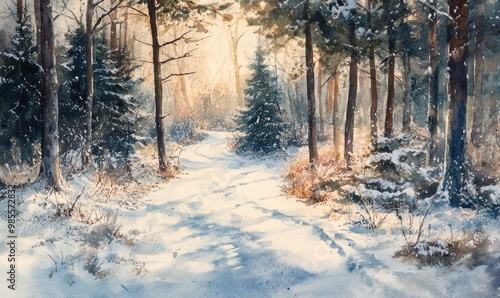 A painting of a snowy forest with a path leading through it