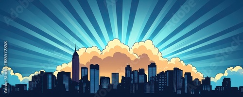Vibrant cartoon city skyline with dramatic clouds and radiant sun rays in  style illustration
