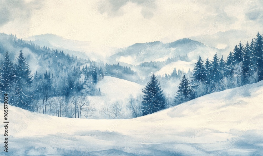 A painting of a snowy landscape with trees and mountains A painting of a snowy landscape with trees and mountains