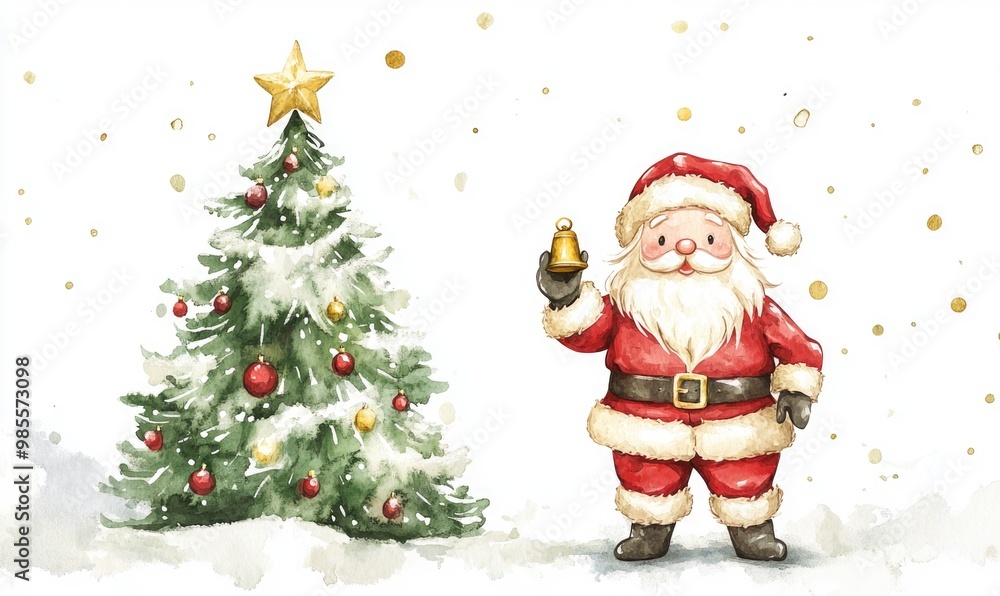 A santa standing in front of a Christmas tree with a bell in his hand A santa standing in front of a Christmas tree with a bell in his hand