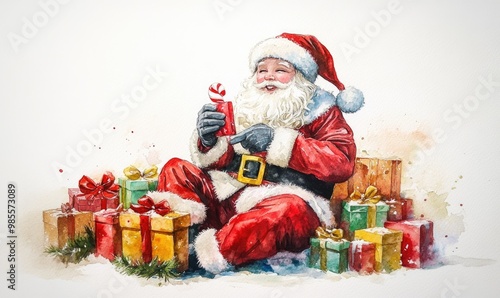 A painting of Santa Claus sitting on a pile of presents