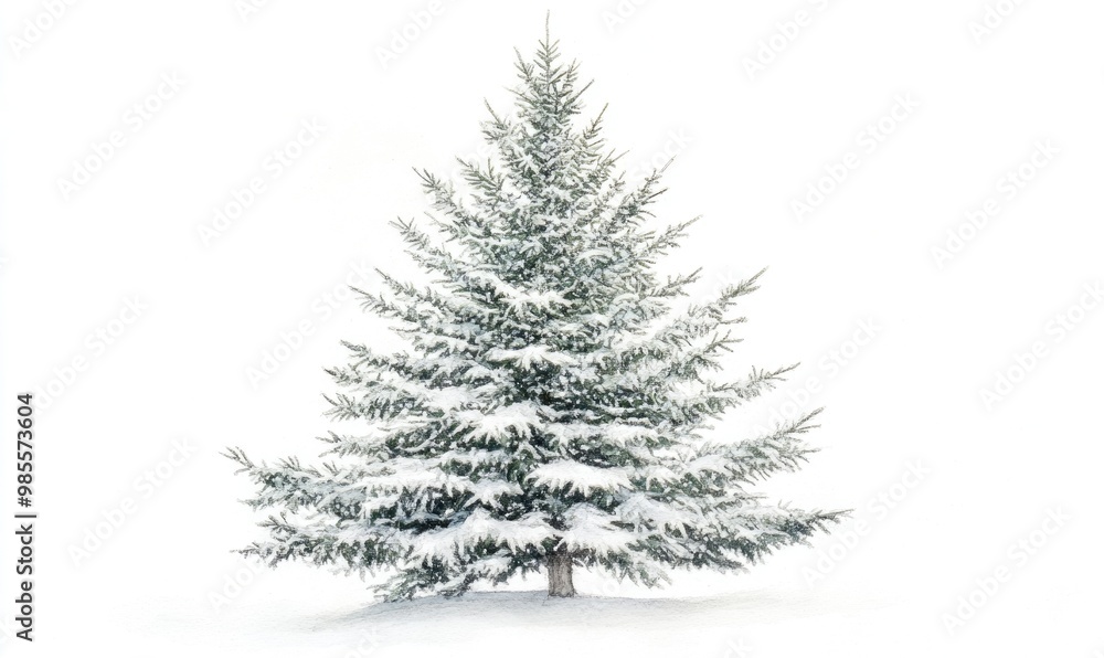 A snow covered pine tree stands alone in a white background A snow covered pine tree stands alone in a white background