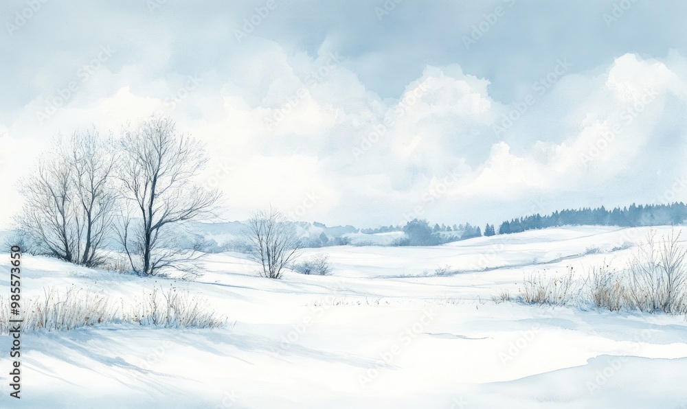 A snowy field with two trees in the foreground A snowy field with two trees in the foreground