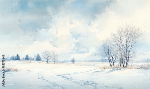 A painting of a snowy field with trees in the background