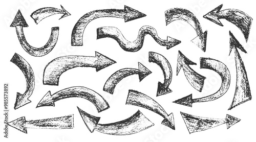 Set of crayon hand drawn arrows in different directions. Chalk, brush, marker drawing bold elements Collection doodle thick geometric shapes for collage Brutal contemporary figures Vector illustration