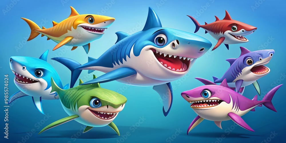 Obraz premium Vibrant cartoon shark characters perfect for playful illustrations and imaginative design projects, showcasing various