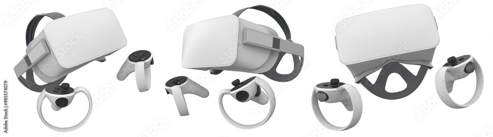 Virtual reality glasses and headset with controllers isolated on white background with clipping path. 3D render of design that enhances immersive gaming experiences for users Virtual reality glasses and headset with controllers isolated on white background with clipping path. 3D render of design that enhances immersive gaming experiences for users
