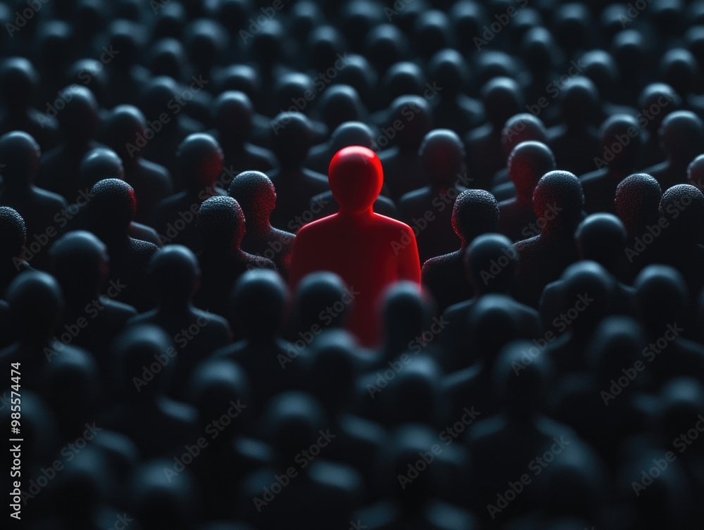 Obraz premium Red individual amidst a sea of black faces