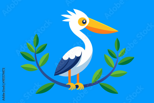 A cartoon-style pelican perched on a branch. The pelican has a large orange beak, white feathers, and black-tipped wings. It is standing on a branch with green leaves. The background is a solid blue c