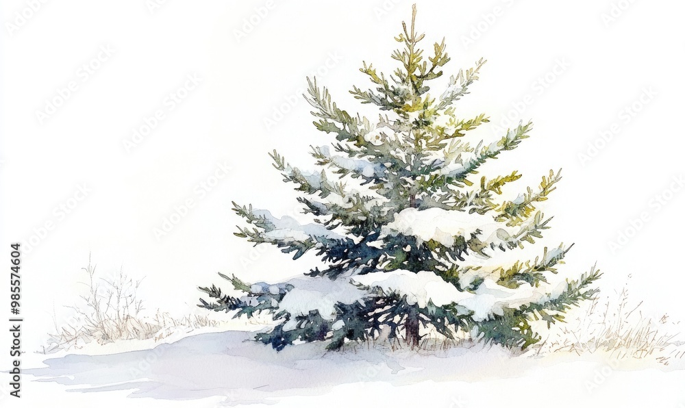 A snow covered pine tree stands alone in a field A snow covered pine tree stands alone in a field