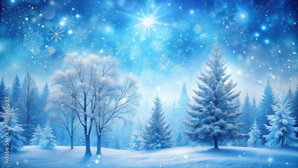 Blue winter landscape with snow-covered trees and delicate snowflakes falling gently from the sky Blue winter landscape with snow-covered trees and delicate snowflakes falling gently from the sky