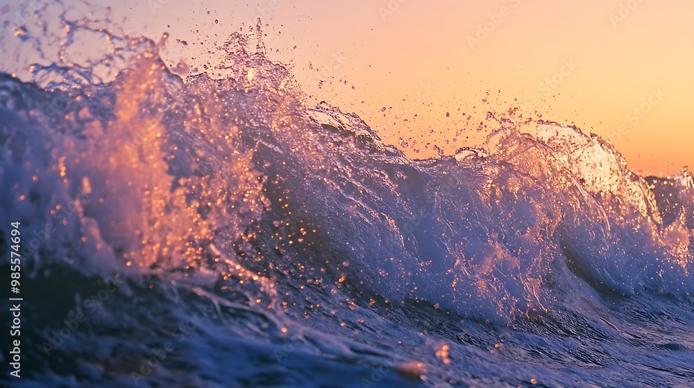 Naklejka premium Seaside purple aquatic waves and cloudy sky above, fantasy like landscape view