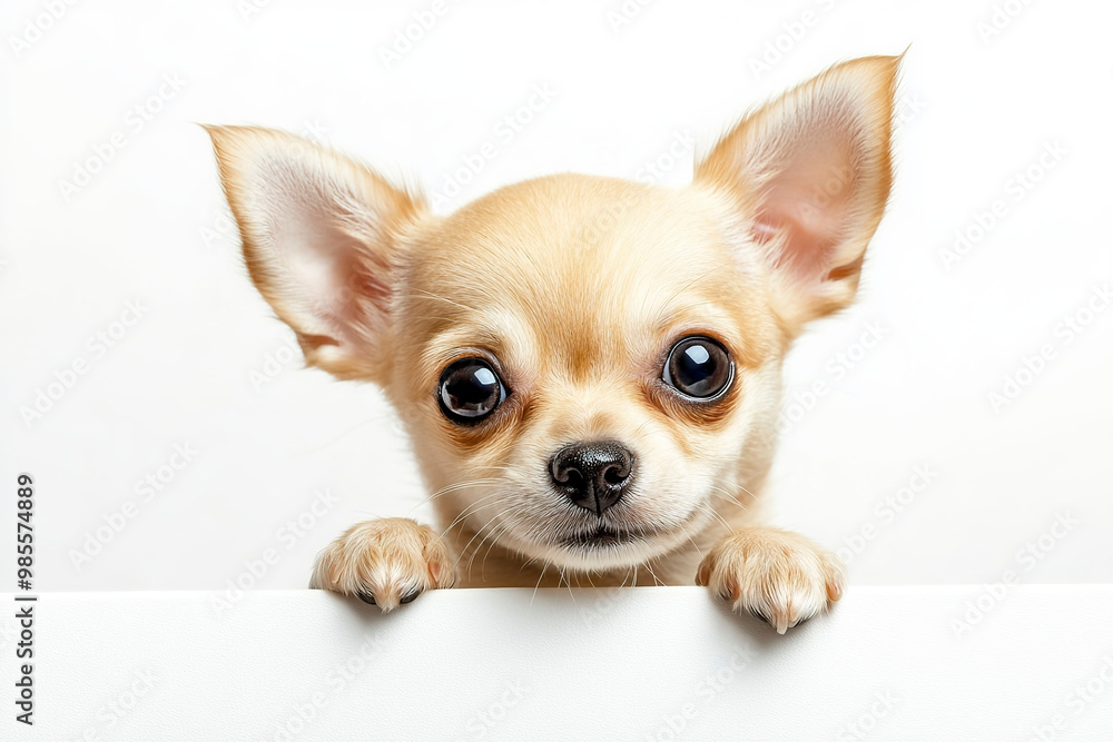 Cute chihuahua puppy looking out from behind a white board. Cute chihuahua puppy looking out from behind a white board.