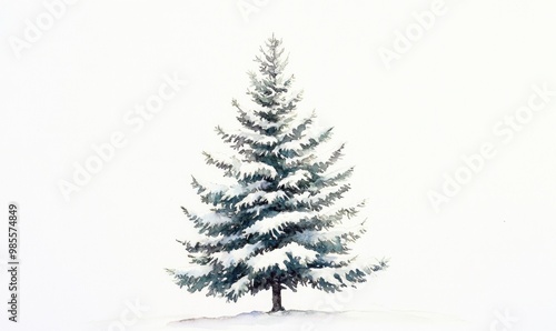 A snow covered pine tree is the main focus of this image