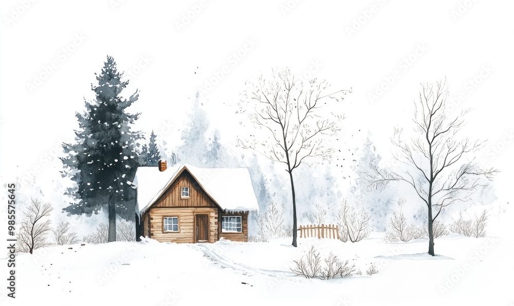 A small cabin is surrounded by trees and snow A small cabin is surrounded by trees and snow