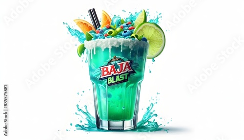 Extreme front view of Baja Blast Tequila cocktail in a Collins glass isolated on a white transparent background