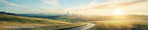 Modern 3D City Skyline Rendering at Sunrise