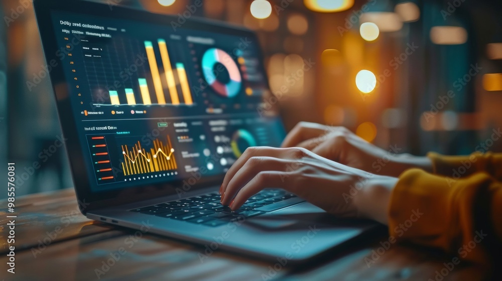 A close-up shot of a hand typing on a laptop keyboard with digital marketing analytics dashboard on the screen A close-up shot of a hand typing on a laptop keyboard with digital marketing analytics dashboard on the screen