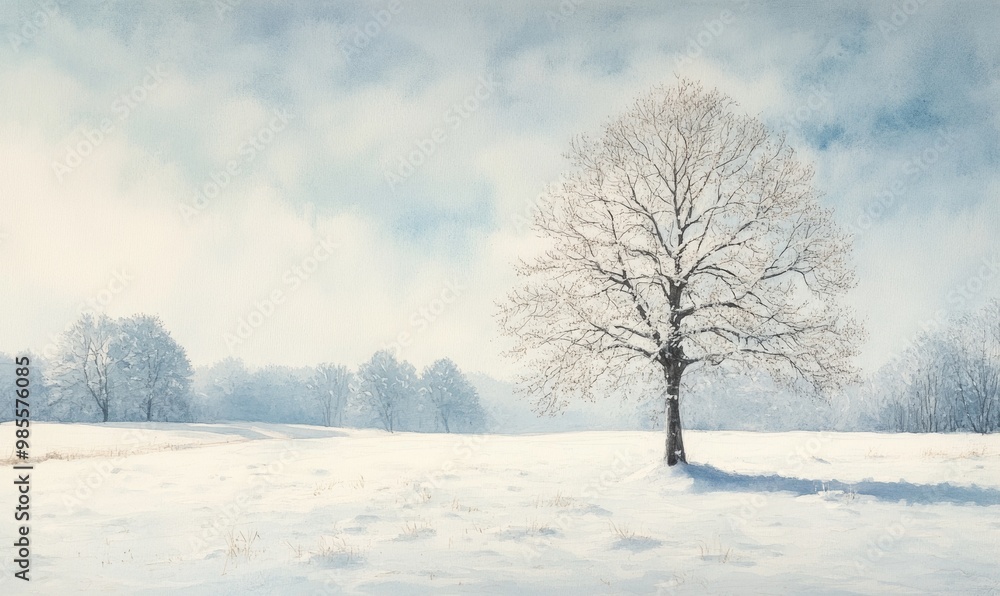 A painting of a snowy field with a lone tree in the foreground A painting of a snowy field with a lone tree in the foreground