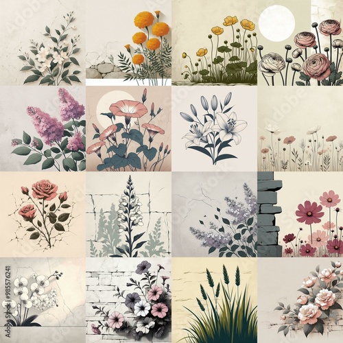 Flowers drawing on stone wall. Vintage style. AI generated illustration