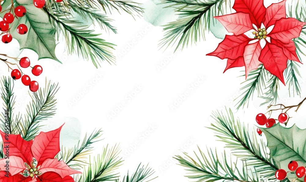 A Christmas card with a red poinsettia and green leaves A Christmas card with a red poinsettia and green leaves