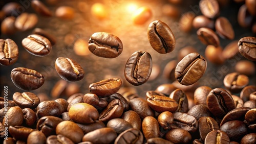 Roasted coffee beans flying in the air, perfect for coffee lovers and caffeine enthusiasts