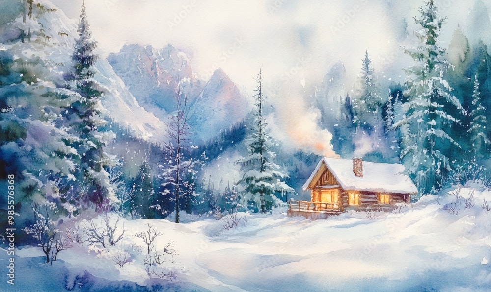 Fototapeta premium A cabin in the woods with a fireplace and a view of the mountains